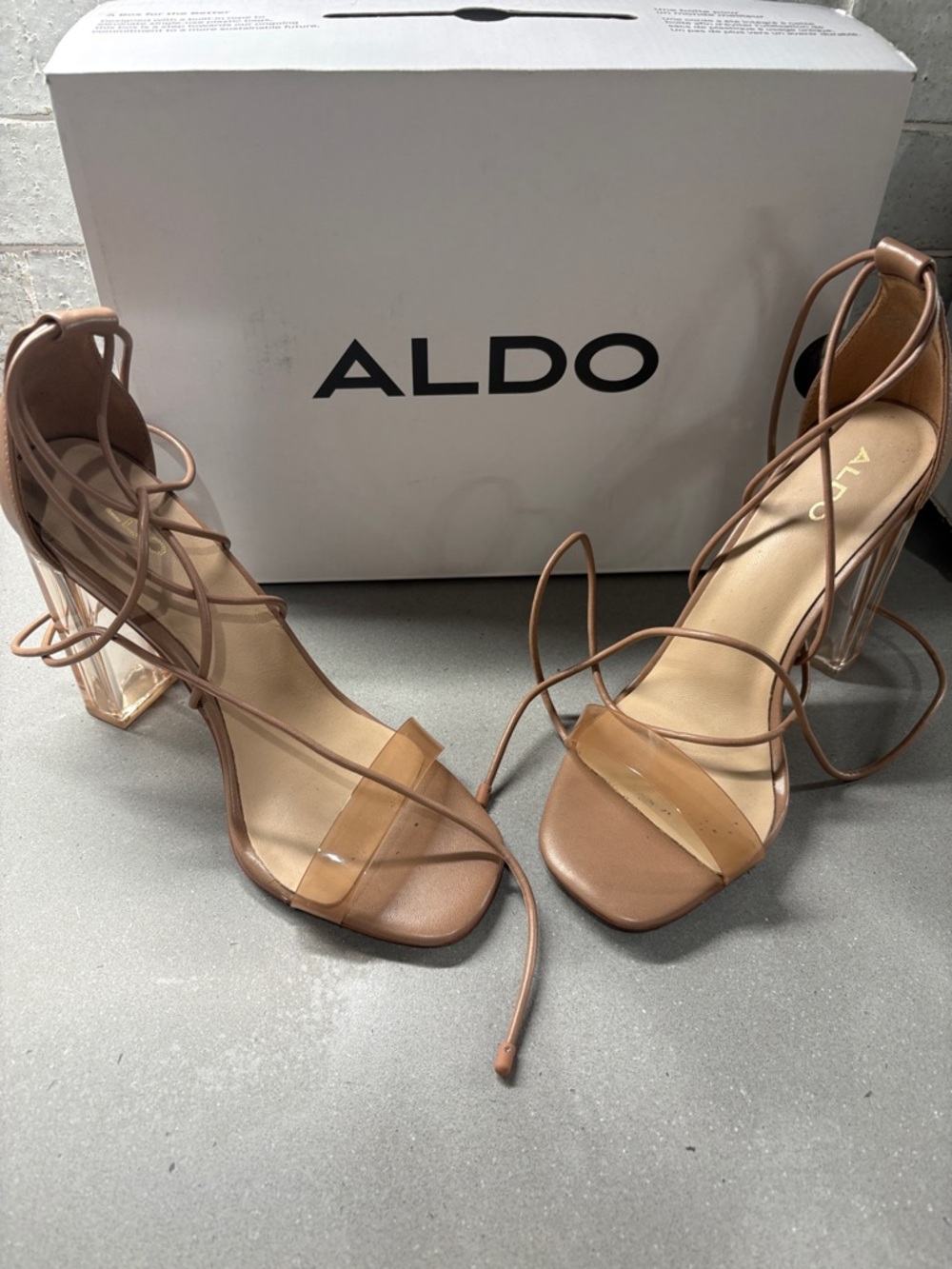 ALDO Tan Strappy Clear Block Heel Lace-Up Sandals